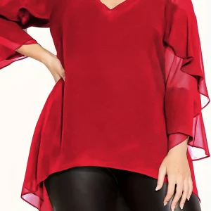 Elegant Plus Size Mesh Layered Ruffle Trim V-Neck Tunic