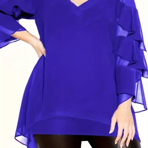 Elegant Plus Size Mesh Layered Ruffle Trim V-Neck Tunic