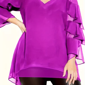 Elegant Plus Size Mesh Layered Ruffle Trim V-Neck Tunic