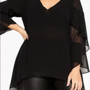 Elegant Plus Size Mesh Layered Ruffle Trim V-Neck Tunic