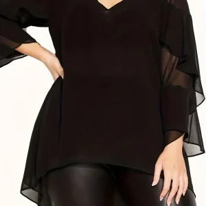 Elegant Plus Size Mesh Layered Ruffle Trim V-Neck Tunic