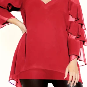 Elegant Plus Size Mesh Layered Ruffle Trim V-Neck Tunic