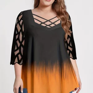 Elegant Plus Size Ombre Print Mesh Criss Cross Top