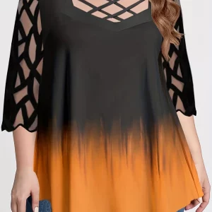 Elegant Plus Size Ombre Print Mesh Criss Cross Top