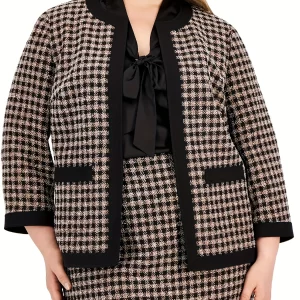 Elegant Plus Size Plaid Print Coat & Skirt Set