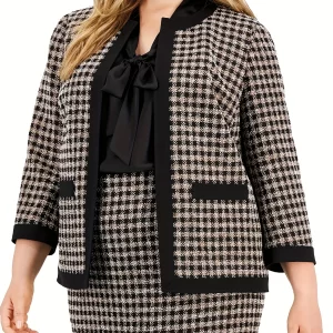 Elegant Plus Size Plaid Print Coat & Skirt Set