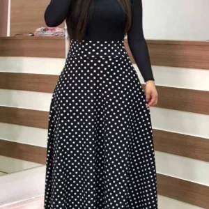 Elegant Plus Size Women's Black Dot Print A-Line Dress