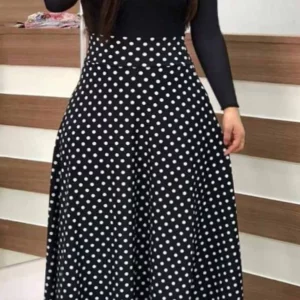 Elegant Plus Size Women's Black Dot Print A-Line Dress