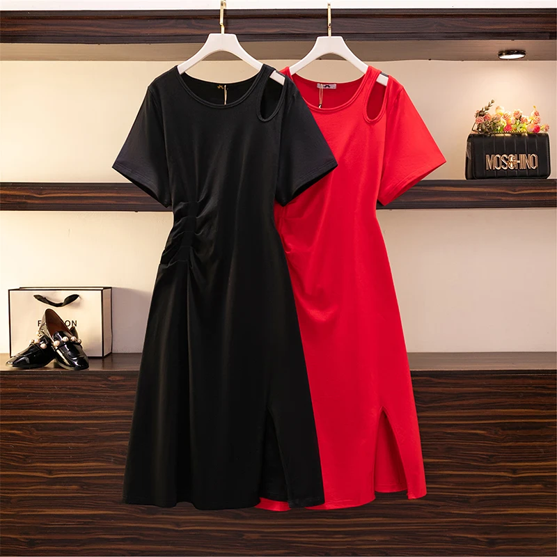 Elegant Plus-Size Women's Cotton Summer Dress with Shoulder Hollows & Slit Hem