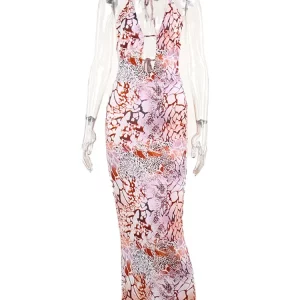 Elegant Print Sexy Maxi Dress | Hollow Out Strapless Backless Bodycon Club Party Dress