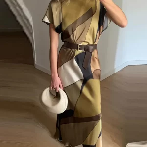 Elegant Printed Women's Midi Dress with Knot Detail - Summer 2024 Fashion Beach Robe