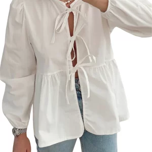 Elegant Puff Sleeve Tie-up Blouse for Women - Chic Spring/Summer Loose Fit Casual Shirt