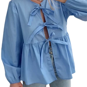 Elegant Puff Sleeve Tie-up Blouse for Women - Chic Spring/Summer Loose Fit Casual Shirt