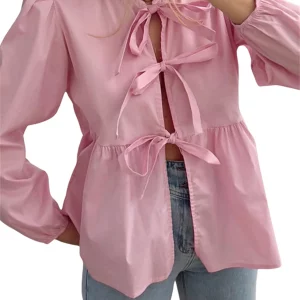 Elegant Puff Sleeve Tie-up Blouse for Women - Chic Spring/Summer Loose Fit Casual Shirt