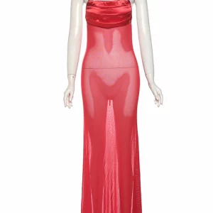 Elegant Red Halter Mesh Dress - Chic Evening Fashion for Women - Summer 2024 Clubwear