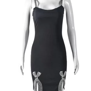 Elegant Rhinestone Black Dress Women Sleeveless Bodycon Mini Dress for Party Clubwear