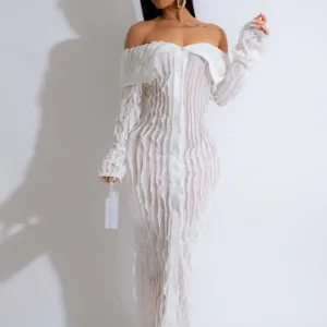 Elegant Ruched Maxi Dress with Off-Shoulder Long Sleeves