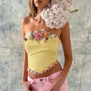 Elegant Satin Flowers Slim Corset Crop Top Vintage Yellow