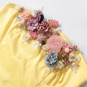 Elegant Satin Flowers Slim Corset Crop Top Vintage Yellow