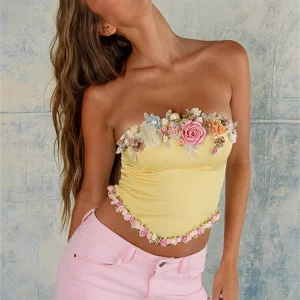 Elegant Satin Flowers Slim Corset Crop Top Vintage Yellow