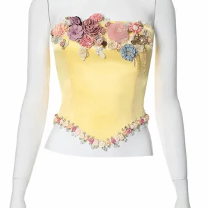 Elegant Satin Flowers Slim Corset Crop Top Vintage Yellow