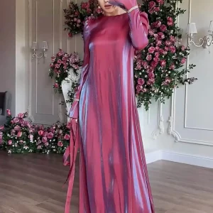 Elegant Satin Maxi Dress for Women | High Waist Long Sleeve Gown