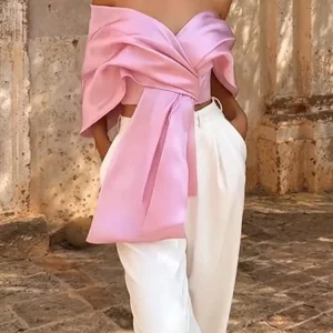 Elegant Satin Silk Off-Shoulder Bow Top | Women's 2024 Spring Fashion Casual Streetwear