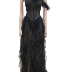 Elegant Sheer Mesh Corset Maxi Dress with Beautiful Ruffles