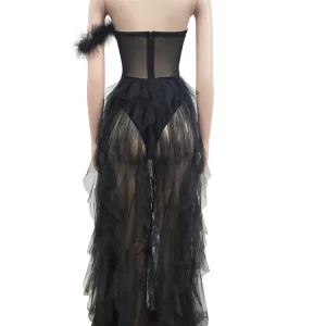 Elegant Sheer Mesh Corset Maxi Dress with Beautiful Ruffles