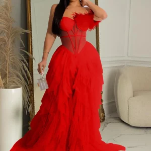 Elegant Sheer Mesh Corset Maxi Dress with Beautiful Ruffles