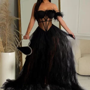 Elegant Sheer Mesh Corset Maxi Dress with Beautiful Ruffles