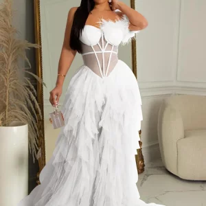 Elegant Sheer Mesh Corset Maxi Dress with Beautiful Ruffles