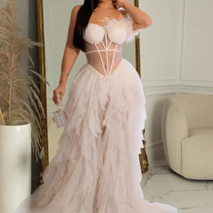 Elegant Sheer Mesh Corset Maxi Dress with Beautiful Ruffles