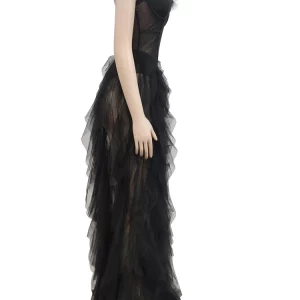 Elegant Sheer Mesh Corset Maxi Dress with Beautiful Ruffles