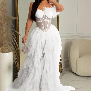 Elegant Sheer Mesh Corset Maxi Dress with Beautiful Ruffles