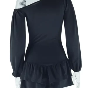 Elegant Skew Collar Lantern Sleeves Black Mini Dress - Women's Spring Party Clubwear