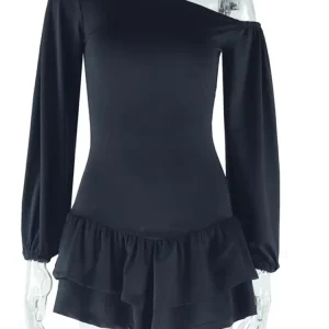 Elegant Skew Collar Lantern Sleeves Black Mini Dress - Women's Spring Party Clubwear