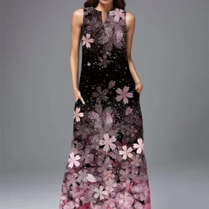 Elegant Sleeveless Floral Print Black Dress for Women