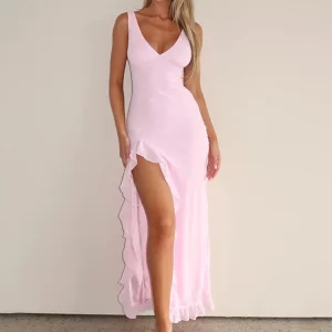 Elegant Sleeveless Ruffles Deep V-Neck Maxi Dress