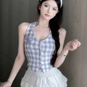 Elegant Sleeveless Tweed Vest for Women - Small Fragrance Woolen Crop Top