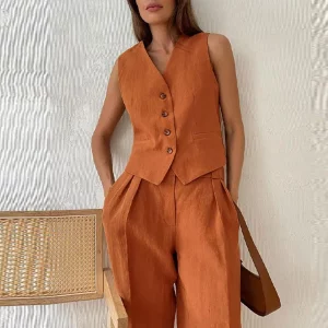 Elegant Sleeveless V-neck Tank Top with High Waist Wide Leg Trousers - 2024 Spring Women's Outfit