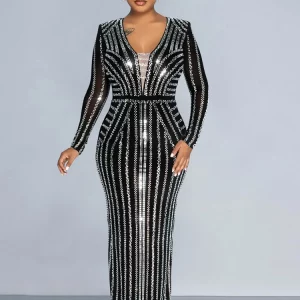 Elegant Sparkle Silver Rhinestone Maxi Dress for Women