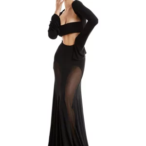 Elegant Square Collar Maxi Dress for Women, Long Sleeve Hollow Out Evening Gown