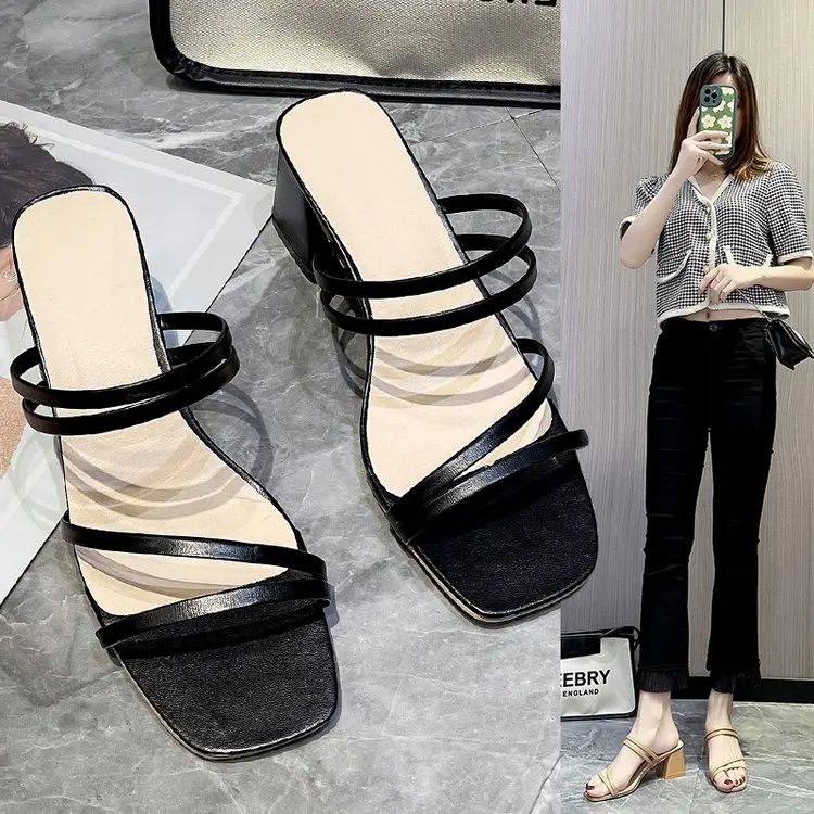 Elegant Square Heel Women's Leather Summer Sandals