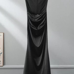 Elegant Strapless Black Satin Maxi Dress for Women - Sleeveless Bodycon Gown