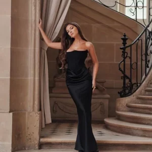 Elegant Strapless Black Satin Maxi Dress for Women - Sleeveless Bodycon Gown