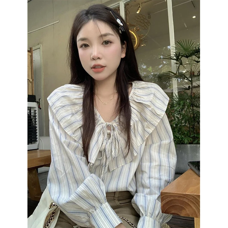 Elegant Striped Women's Shirt with Japanese Ruffles - Stylish Long Sleeve Blouse for Streetwear