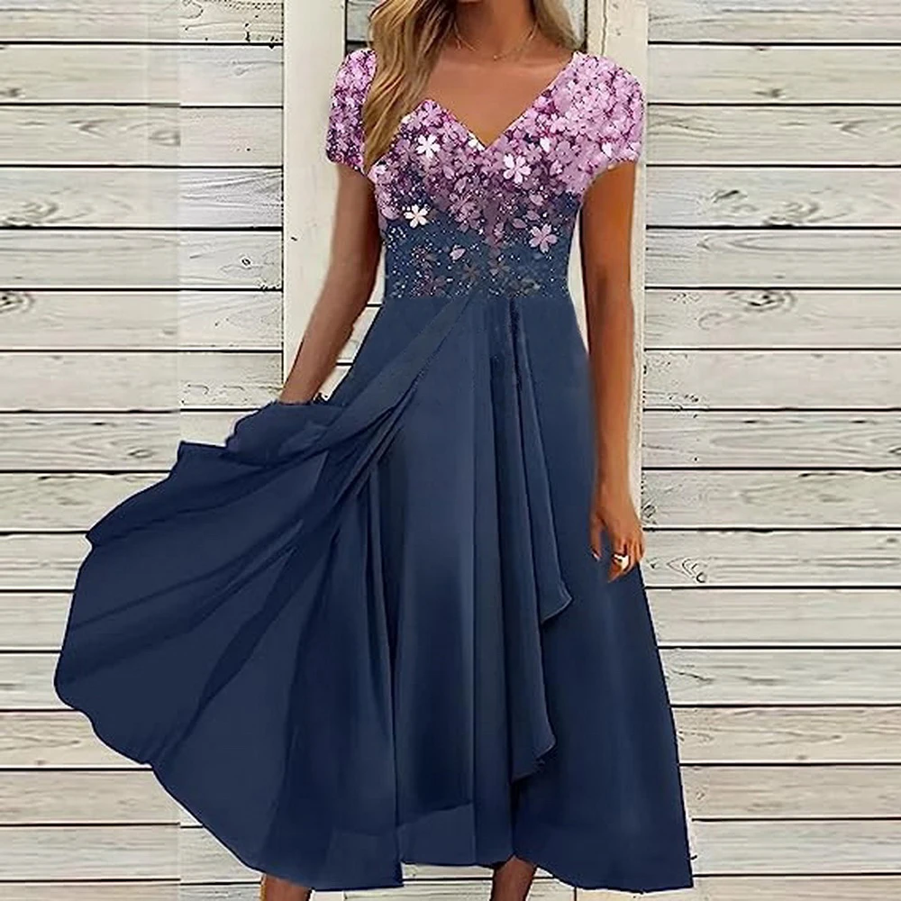 Elegant Summer Chiffon Maxi Dress for Women, Plus Size Printed Formal Occasion Wear