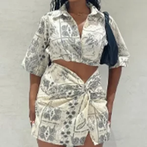 Elegant Summer Women's Casual Print Shirt and Skirt Set