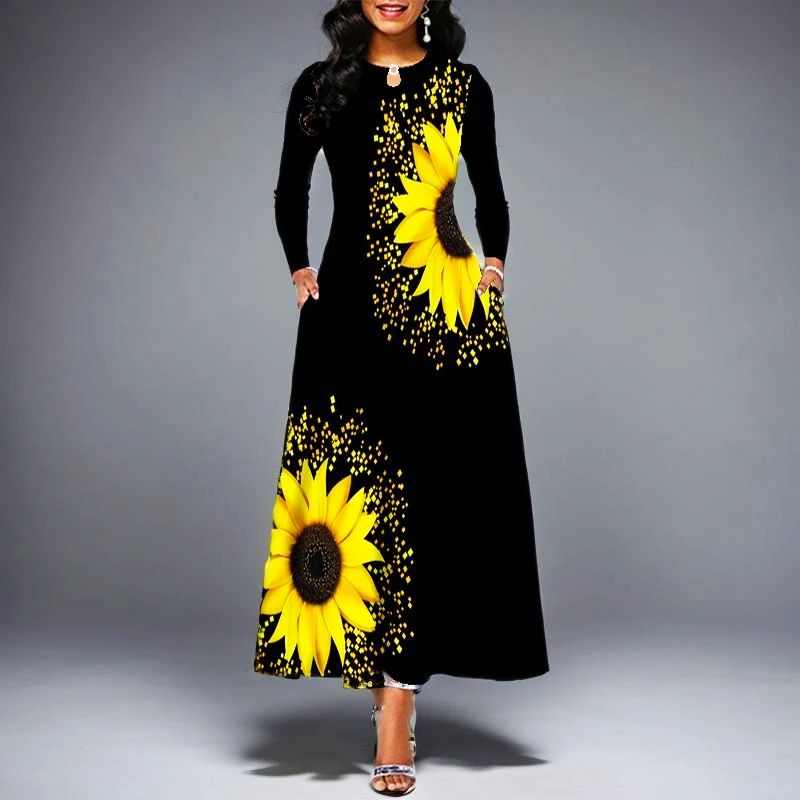 Elegant Sunflower Print V-neck Maxi Dress for Women